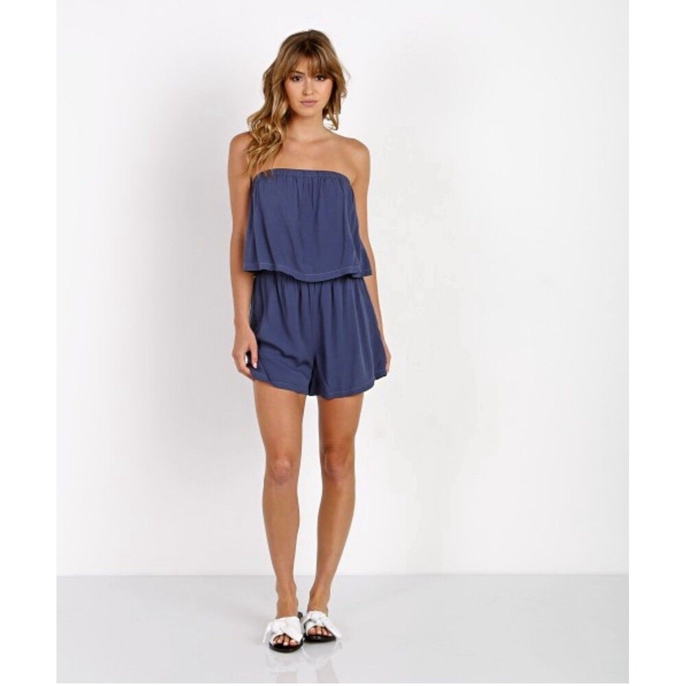Bella Dahl Romper Size S Crown Blue Strapless Flowy‎ Rayon Pockets Made In USA